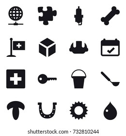 16 vector icon set : globe connect, puzzle, spark plug, 3d, building helmet, first aid, key, bucket, ladle, horseshoe, sun, drop