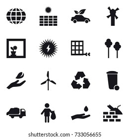 16 vector icon set : globe, sun power, eco car, windmill, flower in window, trees, hand leaf, recycling, trash bin, trash truck, trash, hand and drop, construct garbage