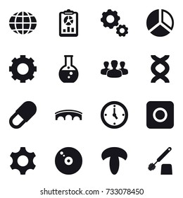 16 vector icon set : globe, report, gear, diagram, round flask, group, bridge, watch, ring button, toilet brush