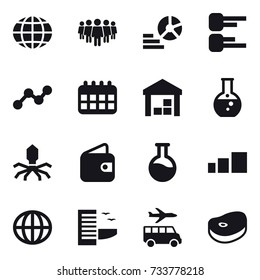 16 vector icon set : globe, team, diagram, graph, calendar, warehouse, round flask, virus, wallet, hotel, transfer