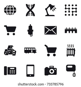 16 vector icon set : globe, dna, table lamp, chip, cart, spark plug, mail, bridge, modern architecture, bus, radiator