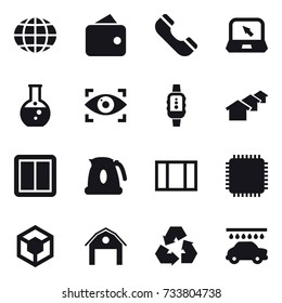 16 vector icon set : globe, wallet, phone, notebook, round flask, eye identity, smartwatch, houses, power switch, kettle, window, barn, recycling, car wash