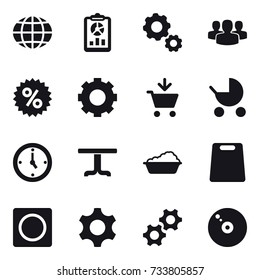 16 vector icon set : globe, report, gear, group, percent, add to cart, baby stroller, watch, table, washing, cutting board, ring button