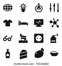 16 vector icon set : globe, bulb, rocket, equalizer, t-shirt, aquapark, power socket, hand mill, foam basin