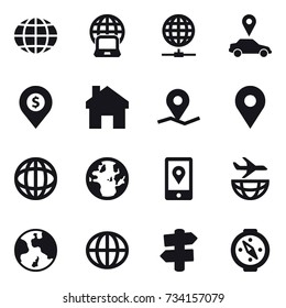 16 vector icon set : globe, notebook globe, globe connect, car pointer, dollar pin, home, earth, signpost, compass