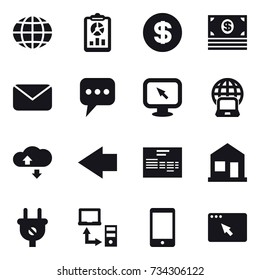 16 vector icon set : globe, report, dollar, money, mail, message, monitor arrow, notebook globe, cloude service, left arrow, home