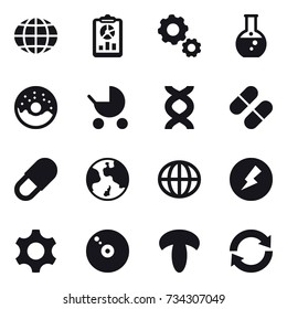 16 vector icon set : globe, report, gear, round flask, donut, baby stroller, earth, electricity, reload