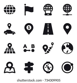 16 vector icon set : globe, flag, notebook globe, globe connect, car pointer, dollar pin, earth, map, signpost, compass