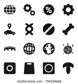 16 vector icon set : globe, gear, percent, car pointer, bridge, disco ball, ring button, cutting board