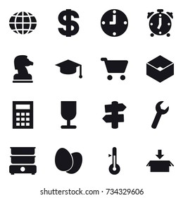 16 vector icon set : globe, dollar, clock, alarm clock, chess horse, graduate hat, cart, box, calculator, signpost, thermometer, package