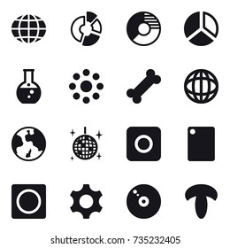 16 vector icon set : globe, circle diagram, diagram, round flask, round around, earth, disco ball, ring button, cutting board