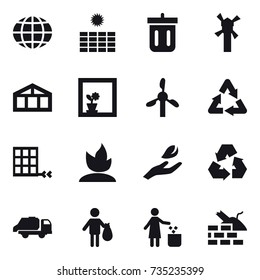 16 vector icon set : globe, sun power, bin, windmill, greenhouse, flower in window, sprouting, hand leaf, recycling, trash truck, trash, garbage bin, construct garbage