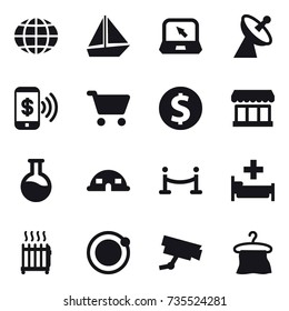16 vector icon set : globe, boat, notebook, satellite antenna, phone pay, cart, dollar coin, market, dome house, vip fence, hospital, radiator, hanger