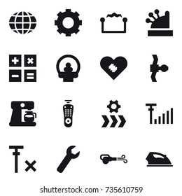 16 vector icon set : globe, gear, electrostatic, cashbox, calculator, coffee maker, wrench, blower, iron