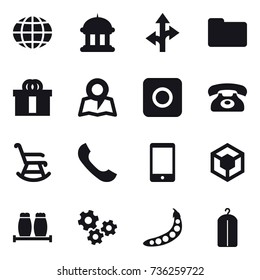 16 vector icon set : globe, goverment house, map, ring button, phone, rocking chair, gears, peas, dry wash