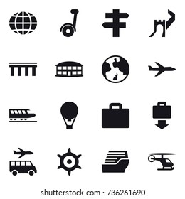 16 vector icon set : globe, segway, singlepost, greate wall, bridge, airport building, earth, plane, train, air ballon, suitcase iocn, baggage get, transfer, handwheel, cruise ship