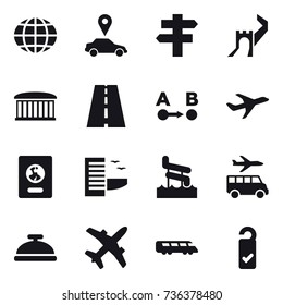 16 vector icon set : globe, car pointer, singlepost, greate wall, airport building, passport, hotel, aquapark, transfer, service bell, please clean