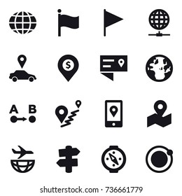 16 vector icon set : globe, flag, globe connect, car pointer, dollar pin, signpost, compass