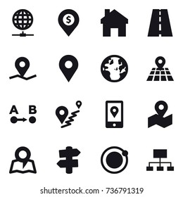 16 vector icon set : globe connect, dollar pin, home, map, signpost, hierarchy