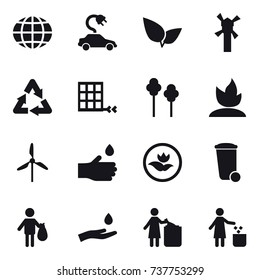 16 vector icon set : globe, electric car, windmill, trees, sprouting, hand drop, ecology, trash bin, trash, hand and drop, garbage bin