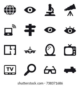 16 vector icon set : globe, eye, microscope, telescope, notebook wireless, singlepost, plan, mirror, tv, pickup