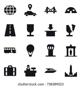 16 vector icon set : globe, car pointer, bridge, dome house, bus, air ballon, airport tower, detector, suitcase, reception, yacht