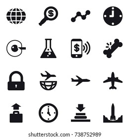 16 vector icon set : globe, dollar magnifier, graph, clock, cell corection, flask, phone pay, lock, plane, airplane, baggage, watch