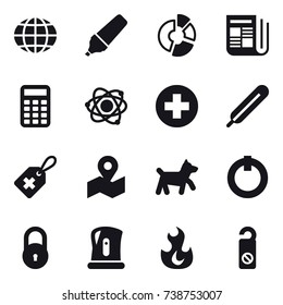 16 vector icon set : globe, marker, circle diagram, newspaper, calculator, atom, dog, kettle, do not distrub