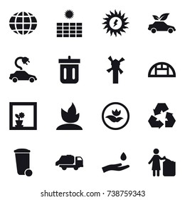 16 vector icon set : globe, sun power, eco car, electric car, bin, windmill, greenhouse, flower in window, sprouting, ecology, recycling, trash bin, trash truck, hand and drop, garbage bin