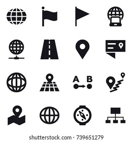 16 vector icon set : globe, flag, notebook globe, globe connect, compass, hierarchy