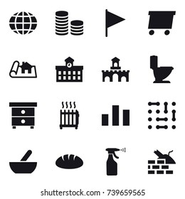 16 vector icon set : globe, coin stack, flag, delivery, project, university, fort, toilet, nightstand, radiator, mortar, bread, sprayer, construct garbage