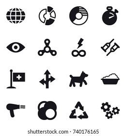 16 Vector Icon Set : Globe, Circle Diagram, Stopwatch, Eye, Spinner, Infinity Power, Dog, Washing, Hair Dryer, Gears