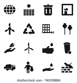 16 vector icon set : globe, sun power, bin, flower in window, trees, hand leaf, windmill, hand drop, trash bin, trash truck, trash, hand and drop, construct garbage