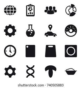 16 vector icon set : globe, report, group, circle diagram, gear, round flask, car pointer, donut, watch, cutting board, ring button, foam basin