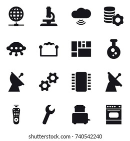 16 vector icon set : globe connect, microscope, cloud wireless, virtual mining, ufo, electrostatic, satellite antenna