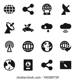 16 vector icon set : globe, share, notebook globe, satellite antenna, eco car, cloude service, cloud wireless, antenna, earth, passport