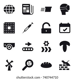 16 Vector Icon Set : Globe, Newspaper, Delivery, Virtual Mask, Cpu, Unlock, Surveillance Camera, Windmill, Viruses, Bread, Construct Garbage