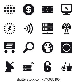 16 vector icon set : globe, dollar, money, monitor arrow, lightning, wireless, server, antenna, delivery, magnifier, ring button, satellite antenna, bucket and broom