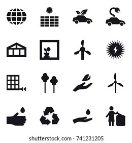 16 vector icon set : globe, sun power, eco car, electric car, greenhouse, flower in window, trees, hand leaf, windmill, hand drop, recycling, hand and drop, garbage bin
