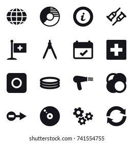 16 vector icon set : globe, circle diagram, info, drawing compass, first aid, ring button, inflatable pool, hair dryer, gears, reload