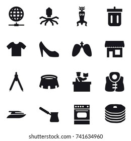 16 vector icon set : globe connect, virus, dna modify, bin, t-shirt, shoes, shop, drawing compass, stadium, inspector, life vest, yacht, turk