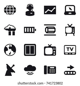 16 vector icon set : globe, call center, statistic, notebook, factory filter, battery, nanotube, tv, earth, power switch