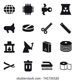 16 vector icon set : globe, chip, satellite, nuclear power, megafon, ruler, fireplace, pruner, trash bin, brush, toilet paper