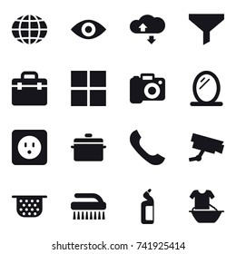 16 vector icon set : globe, eye, cloude service, funnel, window, camera, mirror, power socket, pan, colander, brush, toilet cleanser, handle washing