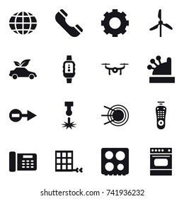 16 vector icon set : globe, phone, gear, windmill, eco car, smartwatch, drone, cashbox