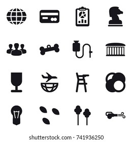 16 vector icon set : globe, card, report, chess horse, group, bone, airport building, Chair for babies, seeds, trees, blower