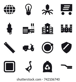 16 vector icon set : globe, bulb, virus, delivery, spark plug, mall, building, palace, ruler, cutting board, goose, garbage bag, brush