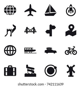 16 vector icon set : globe, plane, boat, rocket, great wall, bridge, train, car baggage, bike, suitcase, aqua park, windmill