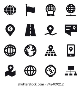 16 vector icon set : globe, flag, notebook globe, globe connect, dollar pin, compass, hierarchy