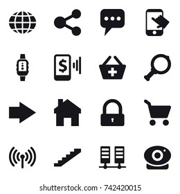 16 vector icon set : globe, share, message, touch, smartwatch, mobile pay, add to basket, magnifier, right arrow, home, lock, cart, wireless, stairs